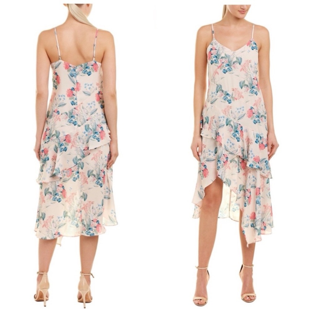 Parker New York Mellow Meadow Ruffle Midi Dress Beige Blush Floral Print M NWT